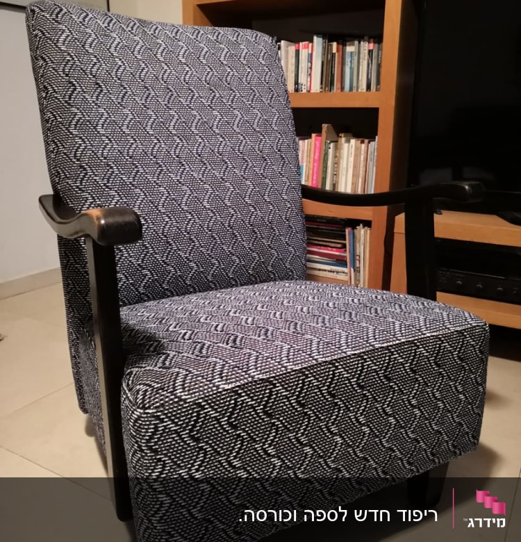 כורסה מרופדת בבד דוגמת פסים שחור לבן